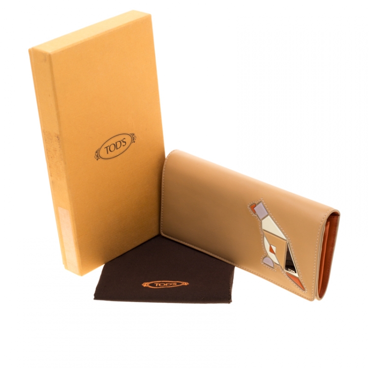 Pre Owned Tod's Tan Leather Radar Detail Long Wallet