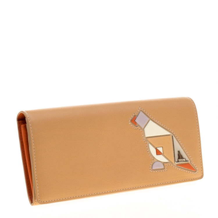 Pre Owned Tod's Tan Leather Radar Detail Long Wallet