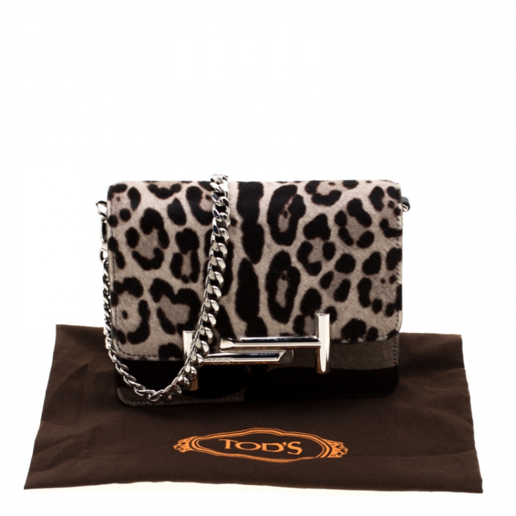 Pre Owned Tod's Brown/Beige Leopard Print Calf Hair Double T Chain Crossbody Bag