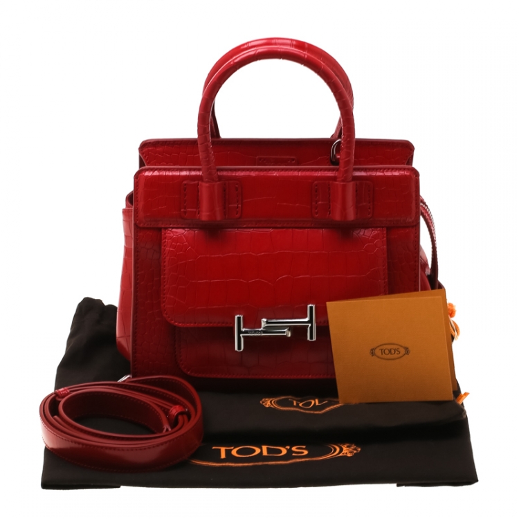 Pre Owned Tod's Red Croc Embossed Leather Amu Zip Tote