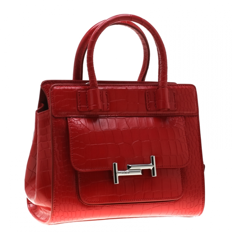 Pre Owned Tod's Red Croc Embossed Leather Amu Zip Tote