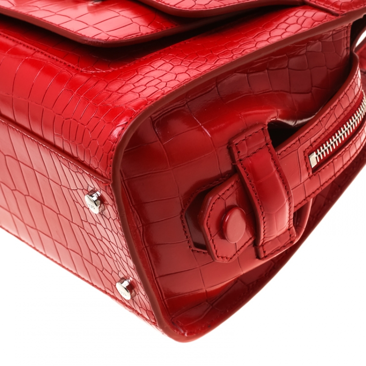 Pre Owned Tod's Red Croc Embossed Leather Amu Zip Tote