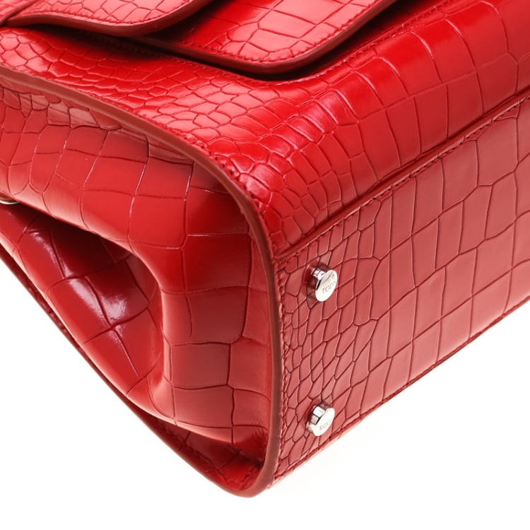 Pre Owned Tod's Red Croc Embossed Leather Amu Zip Tote
