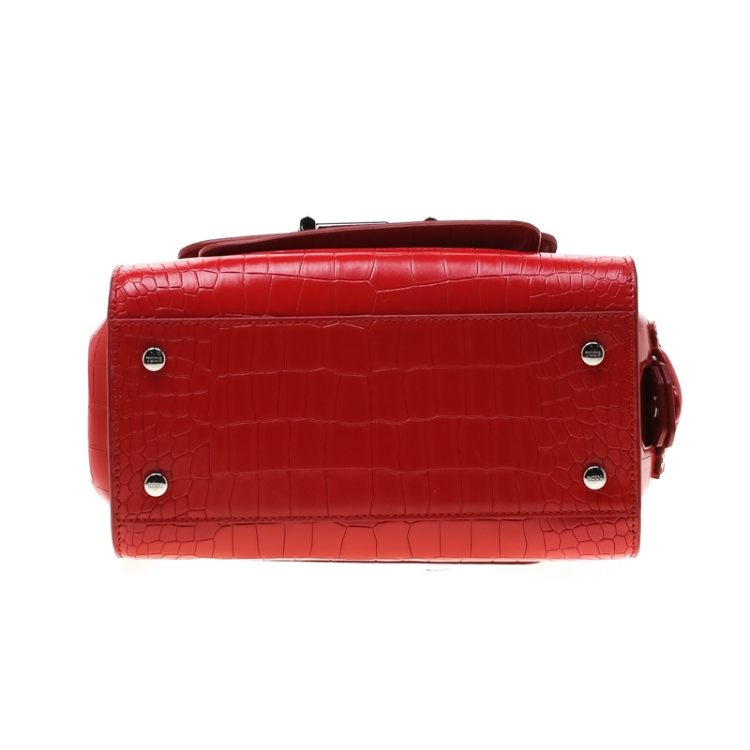 Pre Owned Tod's Red Croc Embossed Leather Amu Zip Tote