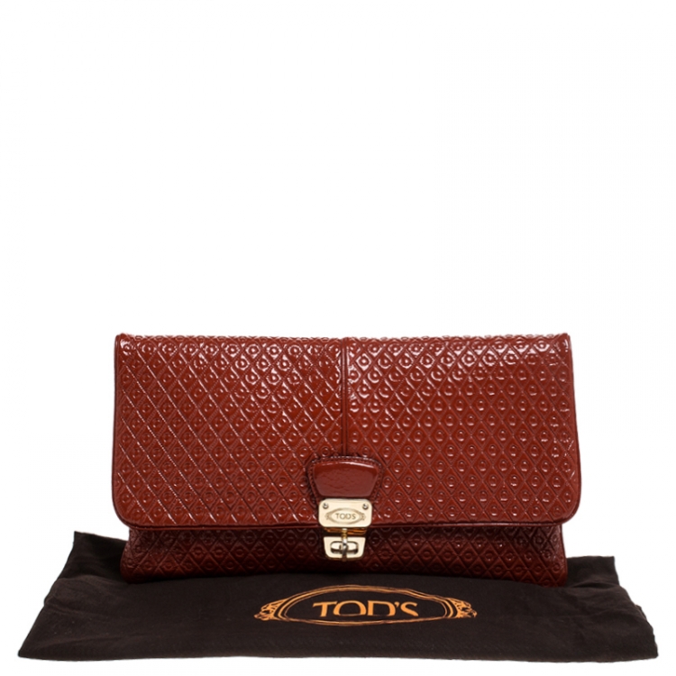 Pre Owned Tod's Dark Orange Patent Leather Signature Clutch