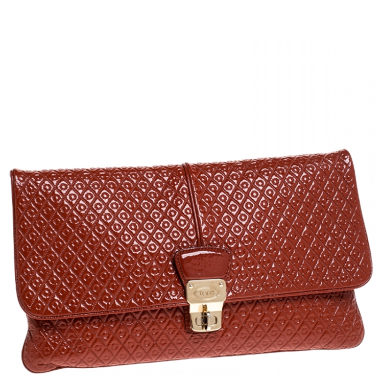 Pre Owned Tod's Dark Orange Patent Leather Signature Clutch