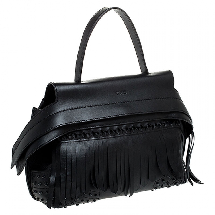 Pre Owned Tod's Black Fringed Leather Medium Wave Tote