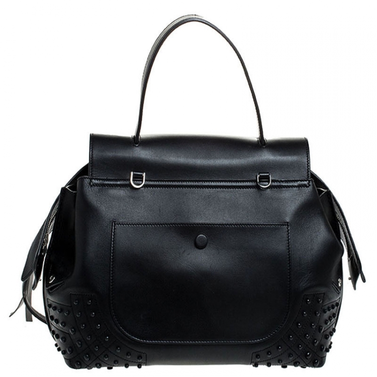Pre Owned Tod's Black Fringed Leather Medium Wave Tote