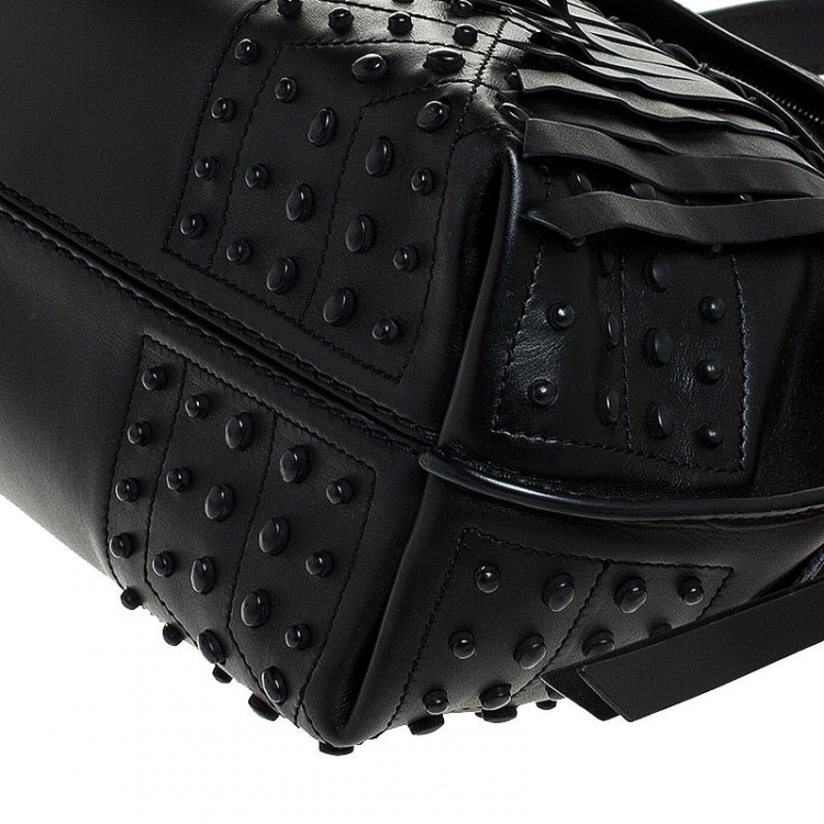 Pre Owned Tod's Black Fringed Leather Medium Wave Tote