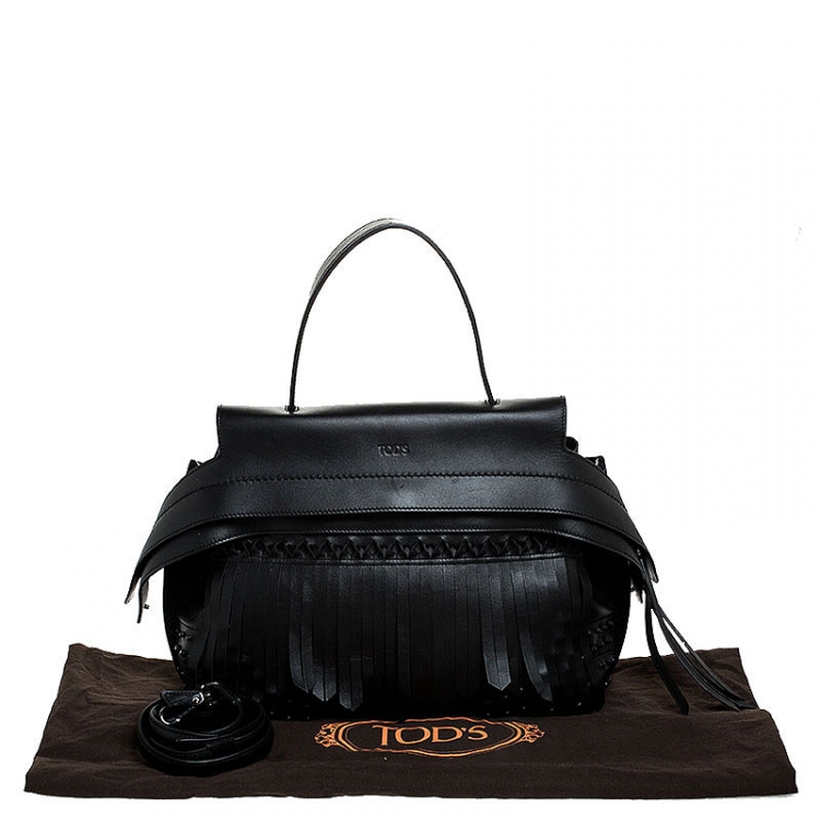 Pre Owned Tod's Black Fringed Leather Medium Wave Tote