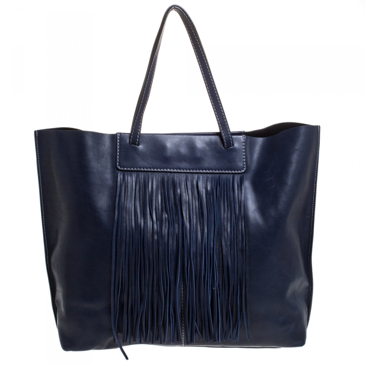 Pre Owned Tod's Blue Leather Fringe Media Shopper Tote