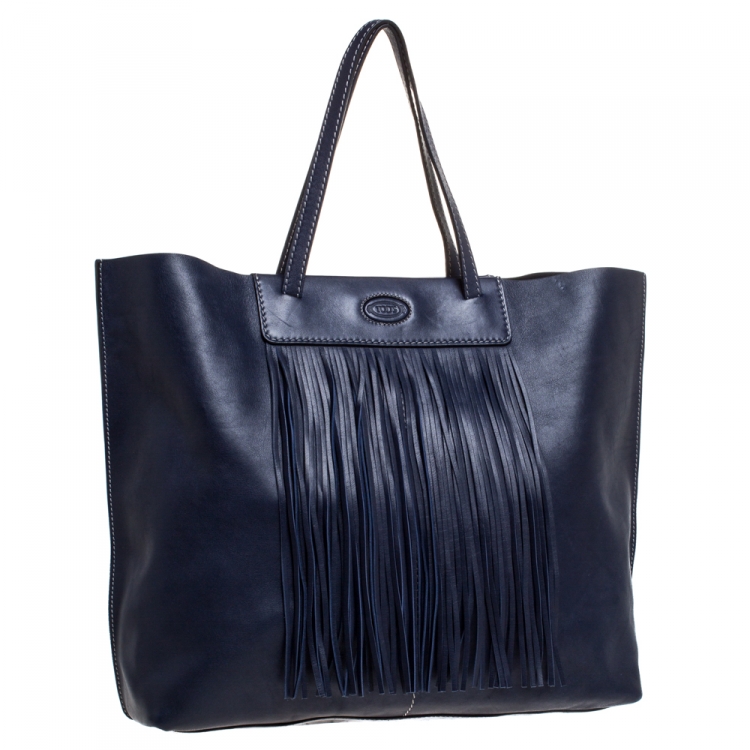 Pre Owned Tod's Blue Leather Fringe Media Shopper Tote