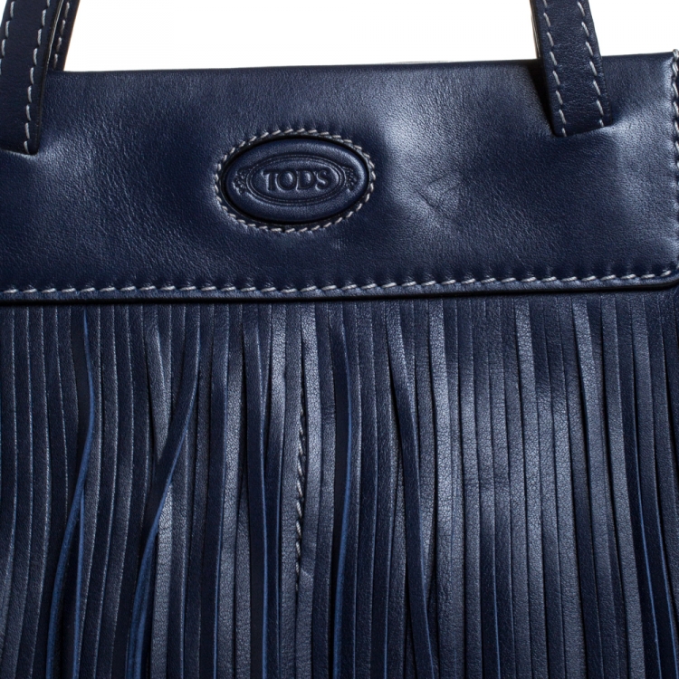 Pre Owned Tod's Blue Leather Fringe Media Shopper Tote