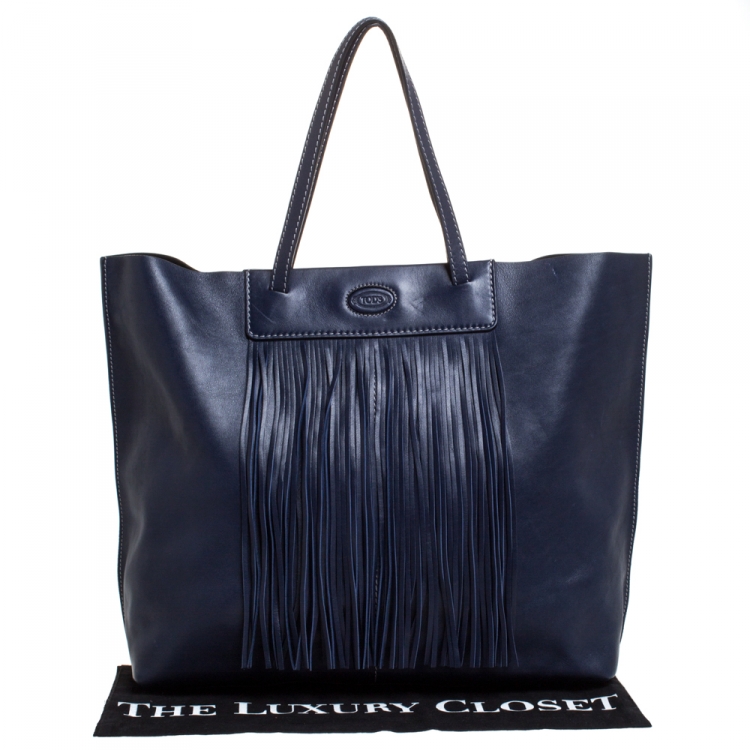Pre Owned Tod's Blue Leather Fringe Media Shopper Tote
