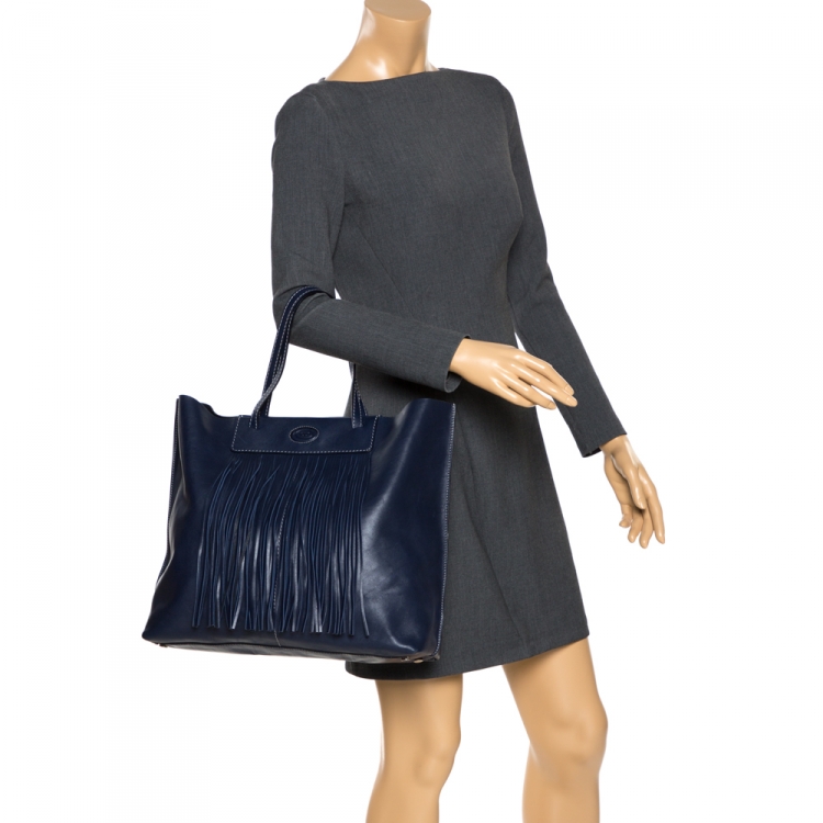 Pre Owned Tod's Blue Leather Fringe Media Shopper Tote