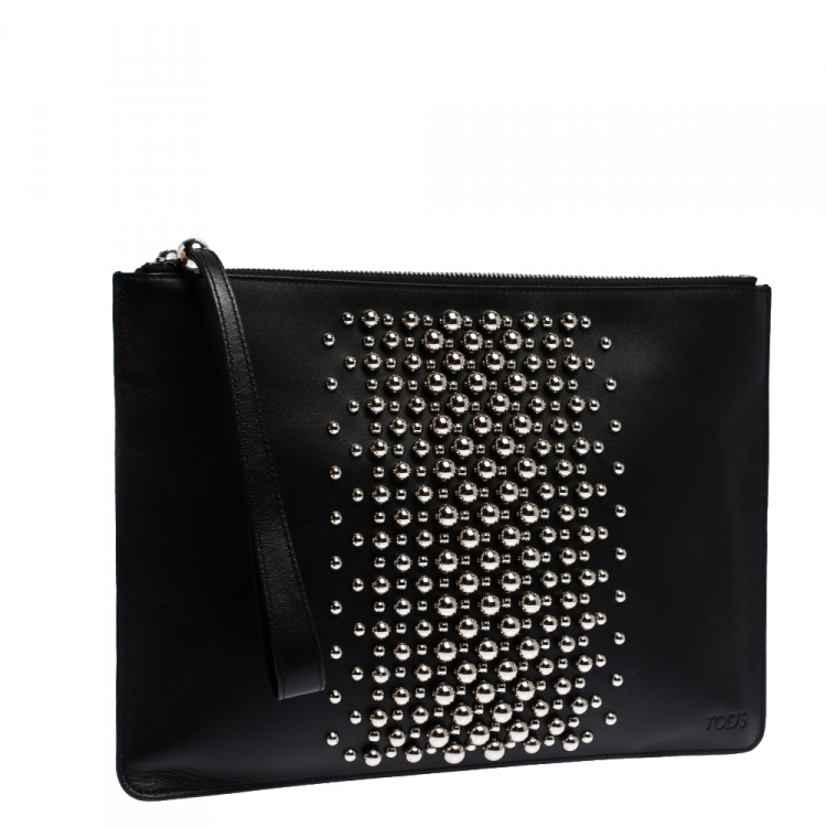 Pre Owned Tod's Black  Leather Studded Wristlet Clutch