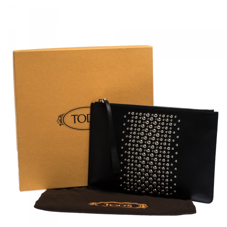 Pre Owned Tod's Black  Leather Studded Wristlet Clutch
