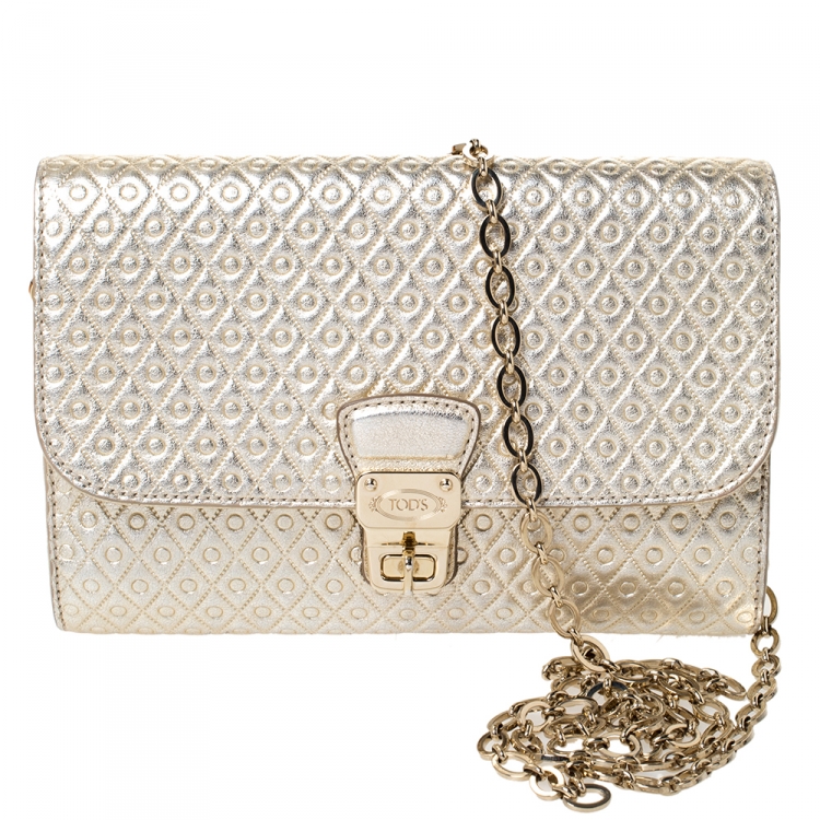 Pre Owned Tod's Metallic Gold Leather Signature Shoulder Bag