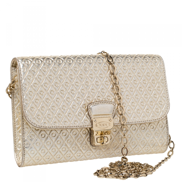 Pre Owned Tod's Metallic Gold Leather Signature Shoulder Bag