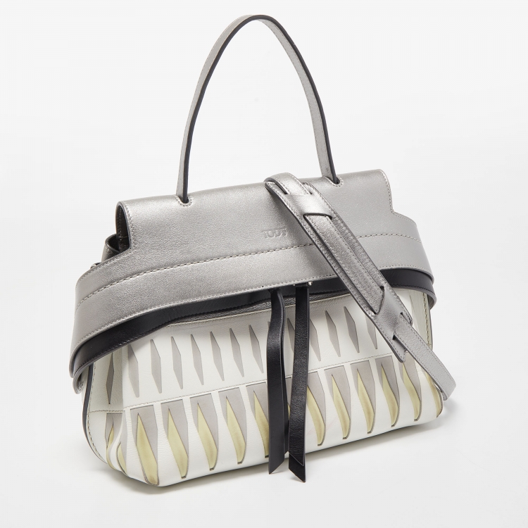 Pre Owned Tod's Silver/White Leather Wave Laser Top Handle Bag
