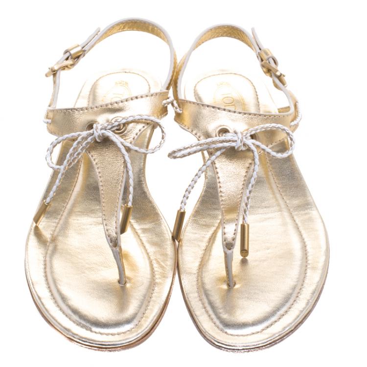 Pre Owned Tod's Gold Metallic Leather Thong Flat Sandals Size 38