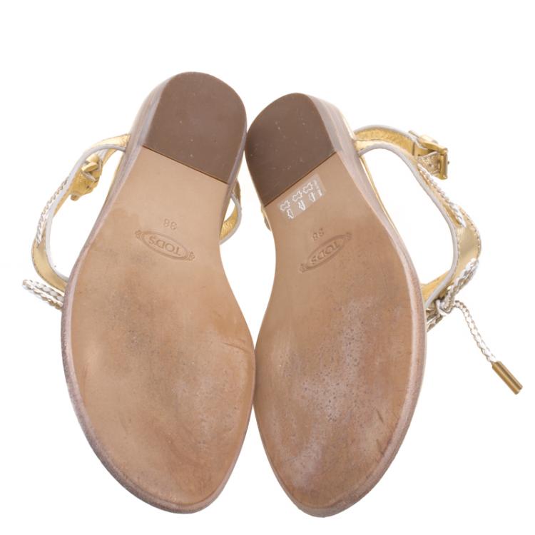 Pre Owned Tod's Gold Metallic Leather Thong Flat Sandals Size 38