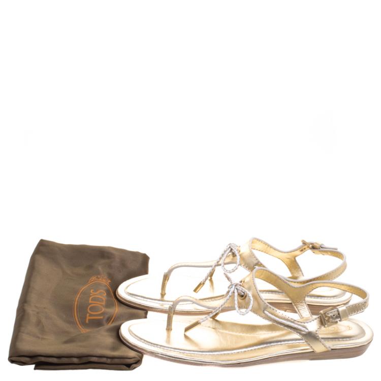Pre Owned Tod's Gold Metallic Leather Thong Flat Sandals Size 38