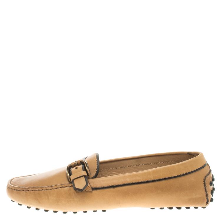 Pre Owned Tod's Two Tone Caramel Brown Leather Buckle Embellished Loafers Size 38