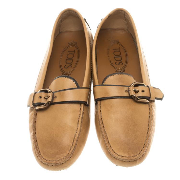 Pre Owned Tod's Two Tone Caramel Brown Leather Buckle Embellished Loafers Size 38
