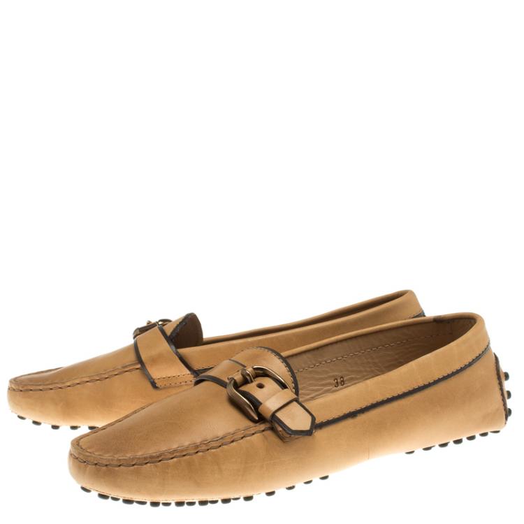 Pre Owned Tod's Two Tone Caramel Brown Leather Buckle Embellished Loafers Size 38