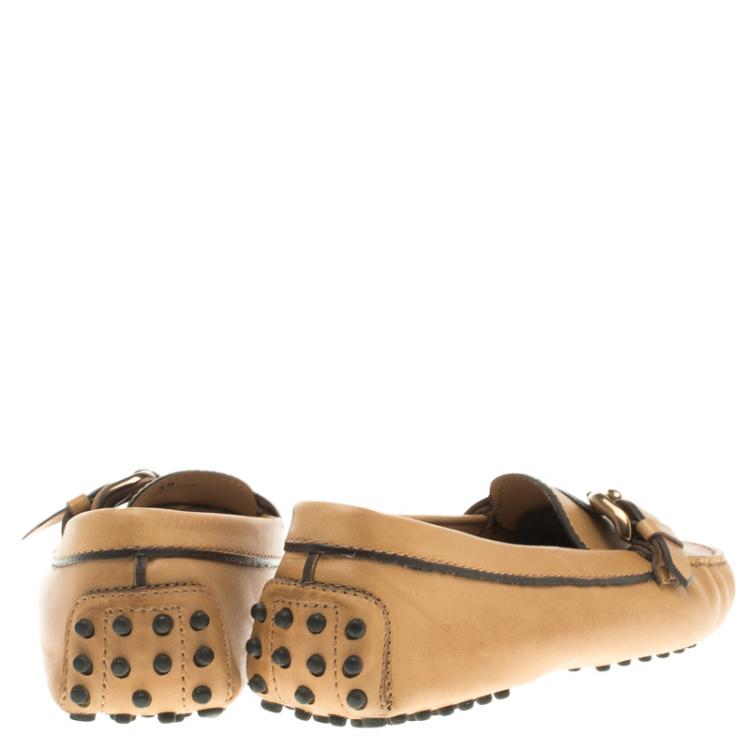 Pre Owned Tod's Two Tone Caramel Brown Leather Buckle Embellished Loafers Size 38