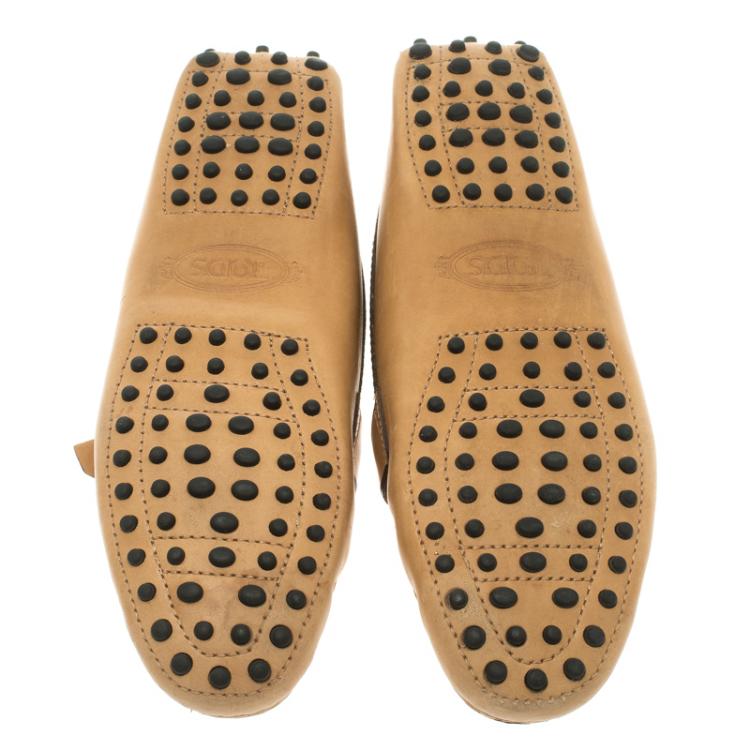 Pre Owned Tod's Two Tone Caramel Brown Leather Buckle Embellished Loafers Size 38