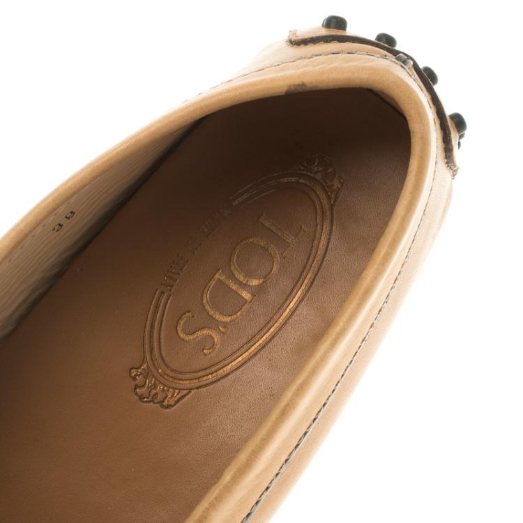 Pre Owned Tod's Two Tone Caramel Brown Leather Buckle Embellished Loafers Size 38
