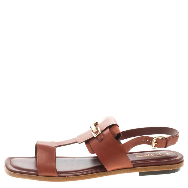 Pre Owned Tod's Brown Leather T-Strap Buckle Detail Flat Sandals Size 38.5