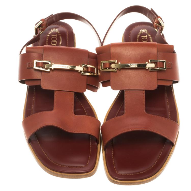 Pre Owned Tod's Brown Leather T-Strap Buckle Detail Flat Sandals Size 38.5