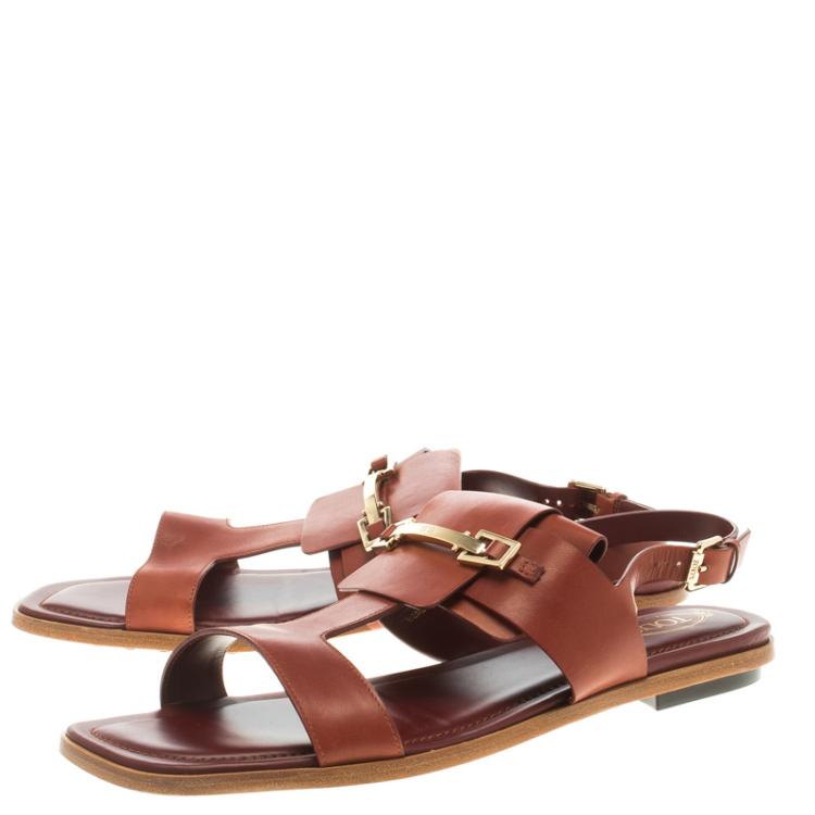 Pre Owned Tod's Brown Leather T-Strap Buckle Detail Flat Sandals Size 38.5