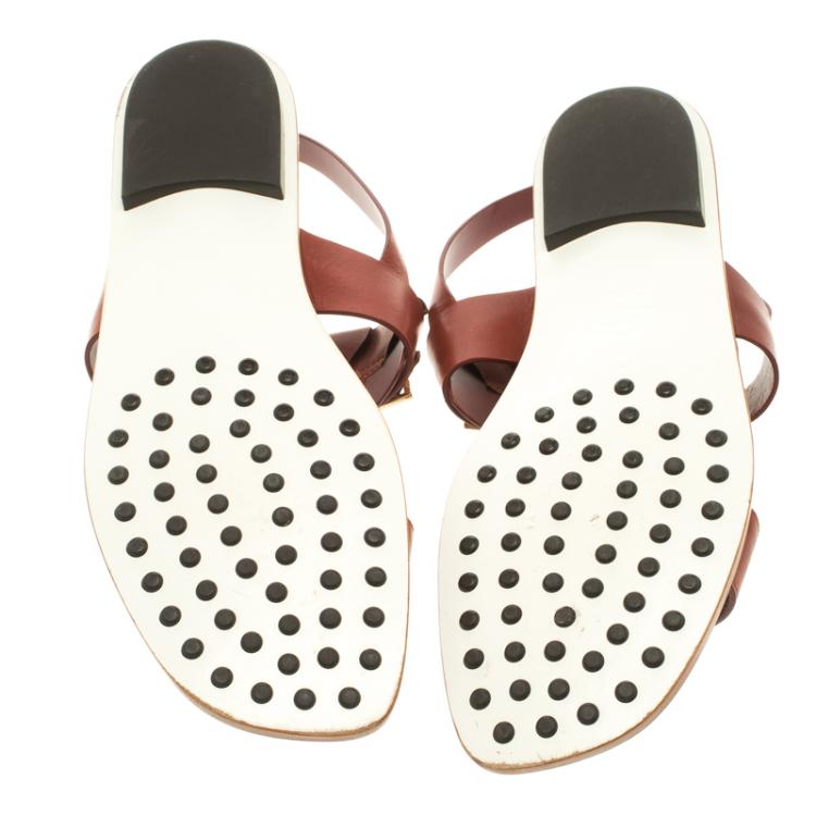 Pre Owned Tod's Brown Leather T-Strap Buckle Detail Flat Sandals Size 38.5