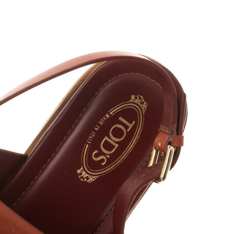 Pre Owned Tod's Brown Leather T-Strap Buckle Detail Flat Sandals Size 38.5
