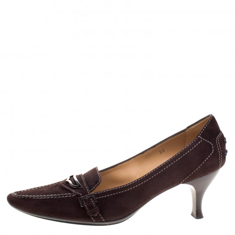 Pre Owned Tod's Brown Suede Pointed Toe Penny Loafer Pumps Size 38