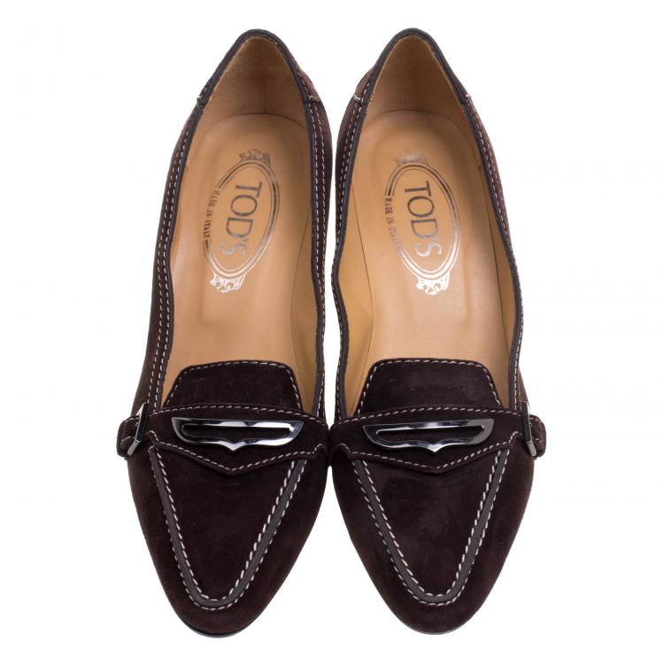 Pre Owned Tod's Brown Suede Pointed Toe Penny Loafer Pumps Size 38