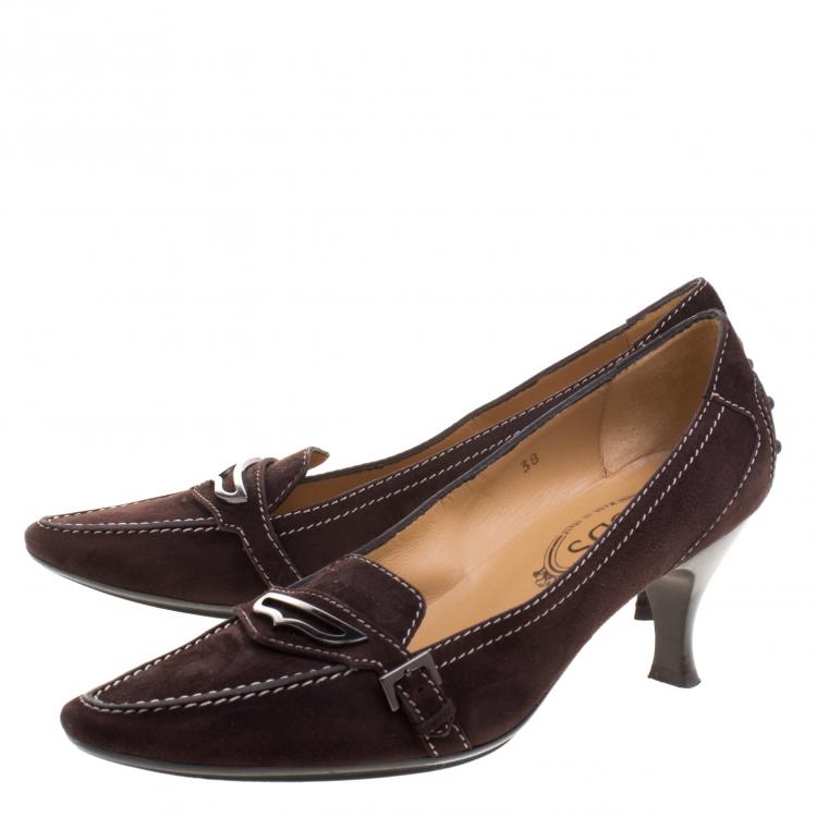Pre Owned Tod's Brown Suede Pointed Toe Penny Loafer Pumps Size 38