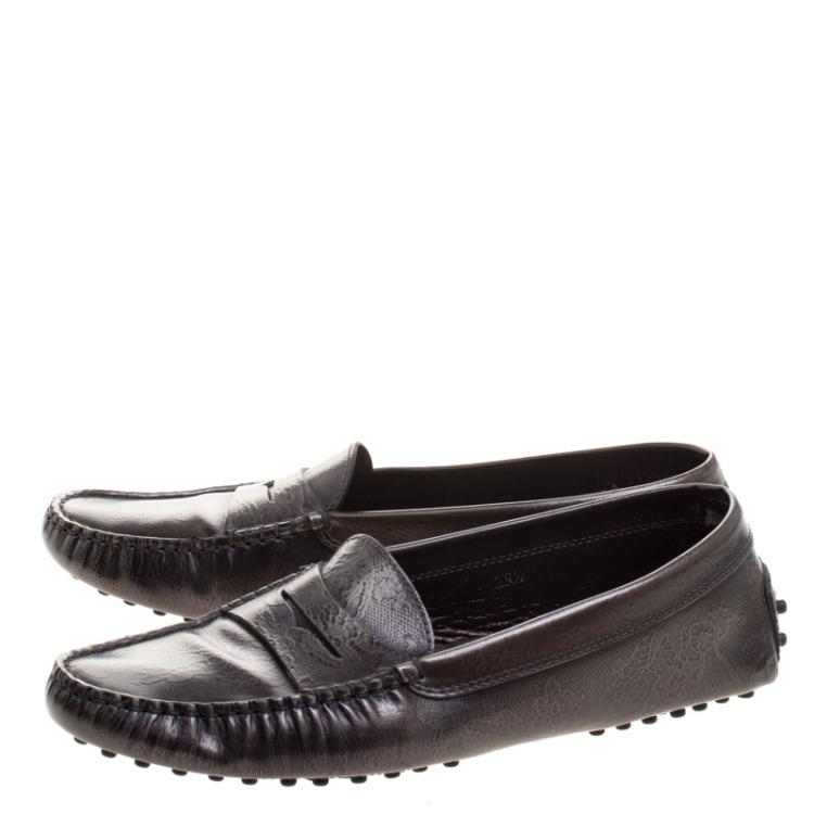 Pre Owned Tod's Metallic Grey Lace Embossed Leather Penny Loafers Size 39.5