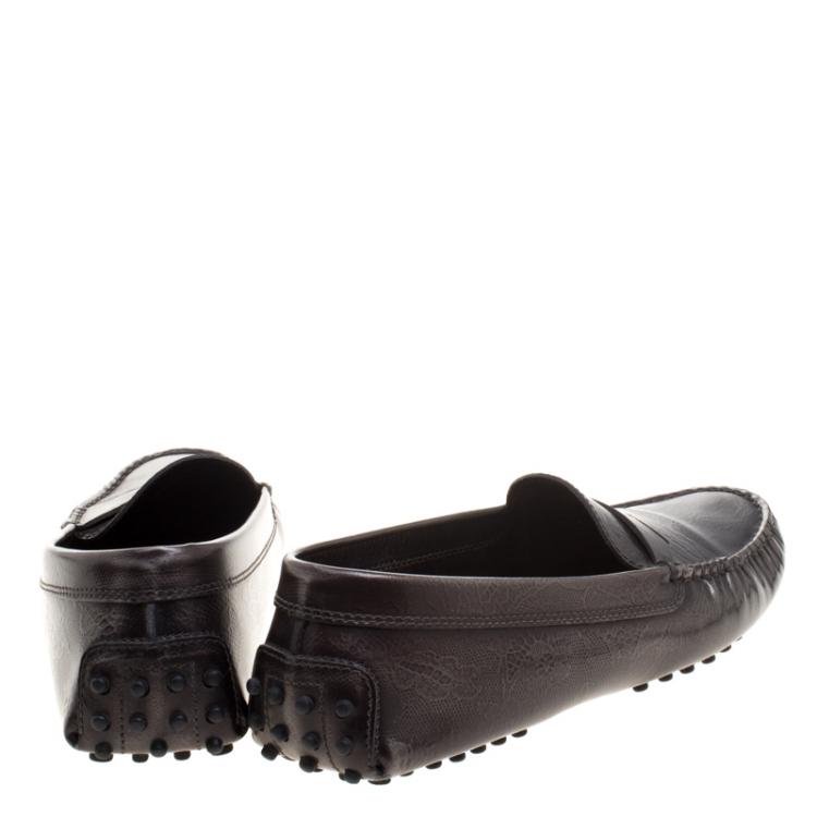 Pre Owned Tod's Metallic Grey Lace Embossed Leather Penny Loafers Size 39.5