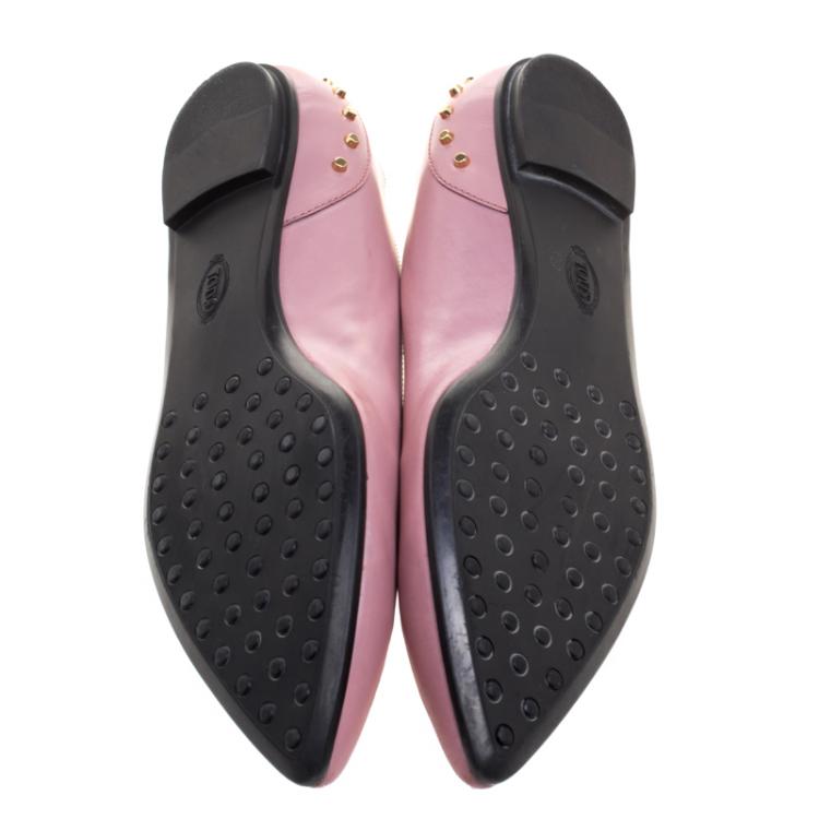 Pre Owned Tod's Blush Pink Leather Stud Embellished Pointed Toe Ballet Flats Size 37.5