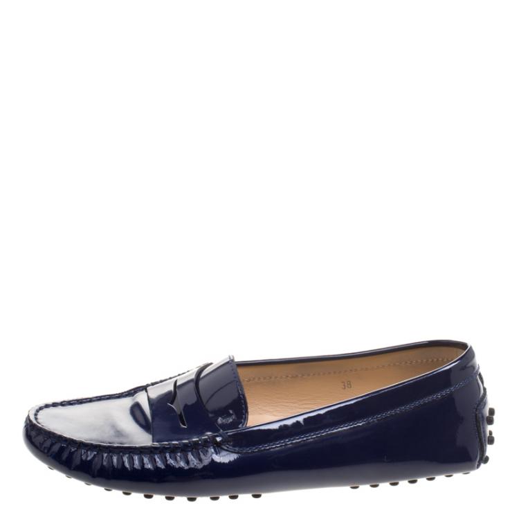 Pre Owned Tod's Dark Blue Patent Leather Penny Loafers Size 38