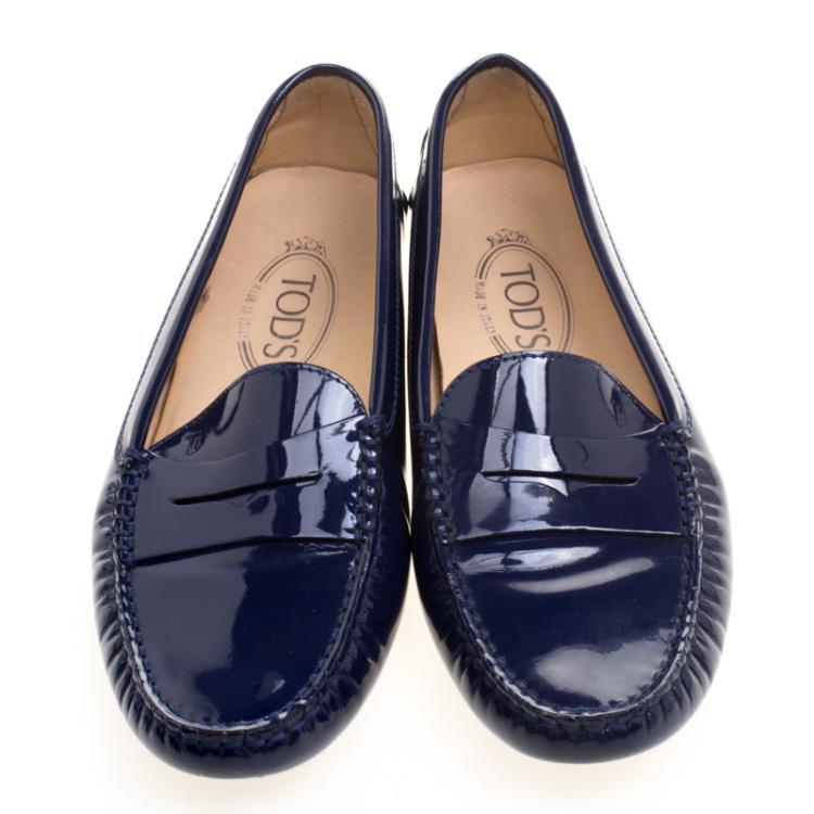 Pre Owned Tod's Dark Blue Patent Leather Penny Loafers Size 38