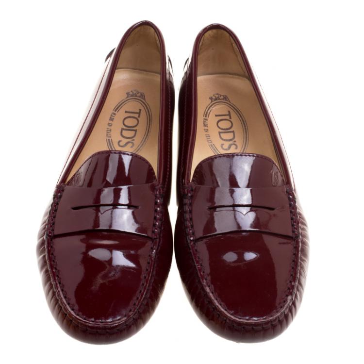 Pre Owned Tod's Burgundy Patent Leather Penny Loafers Size 36.5