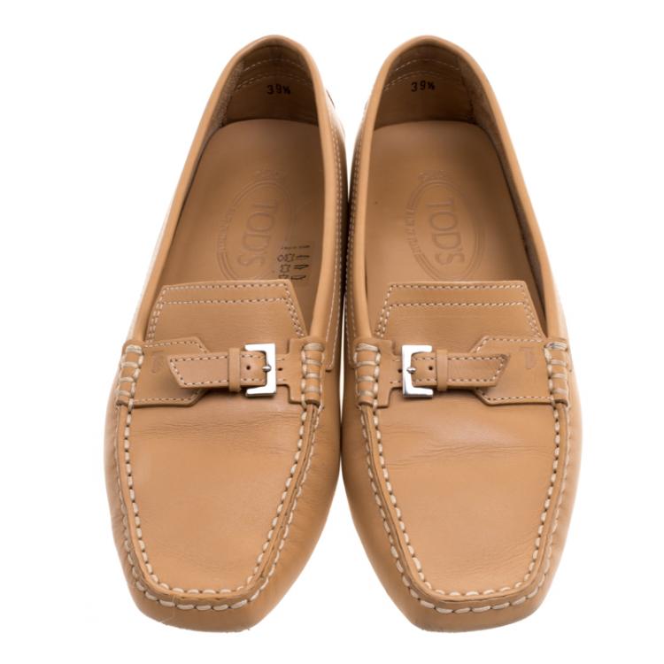 Pre Owned Tod's Beige Leather Buckle Loafers Size 39.5