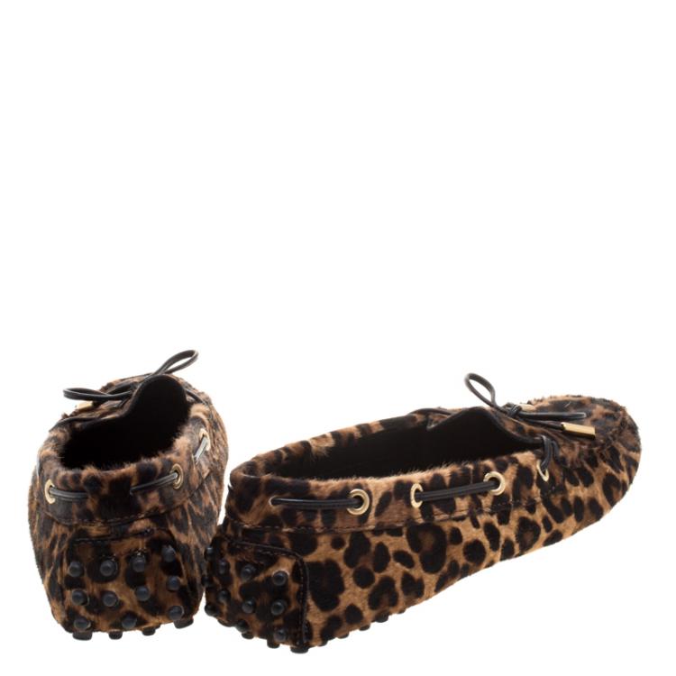 Pre Owned Tod's Brown Leopard Print Calf Hair Bow Loafers Size 38.5
