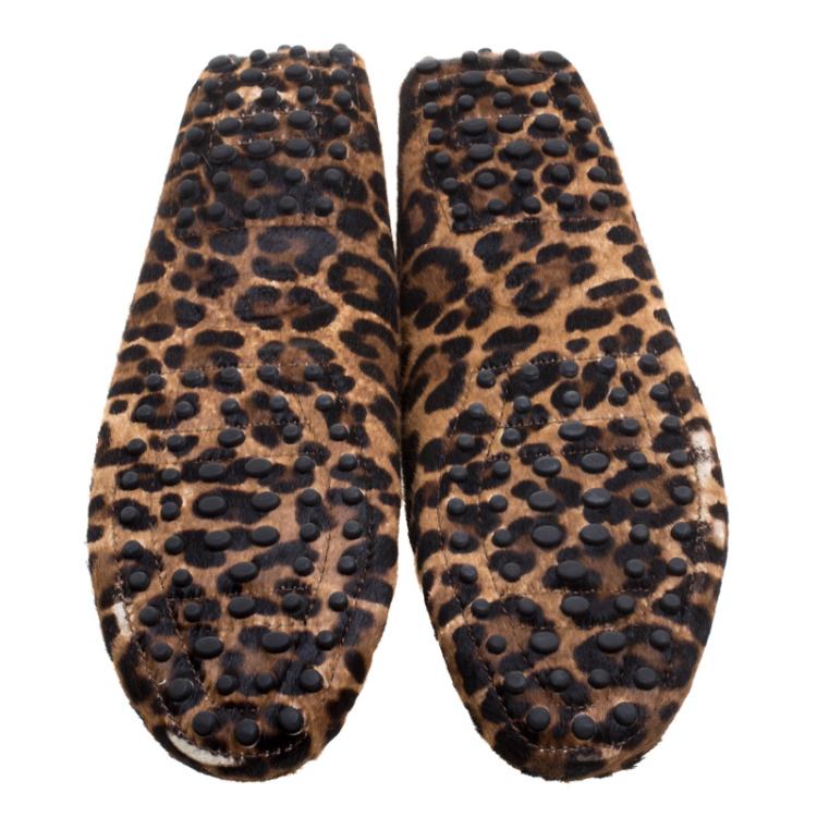 Pre Owned Tod's Brown Leopard Print Calf Hair Bow Loafers Size 38.5